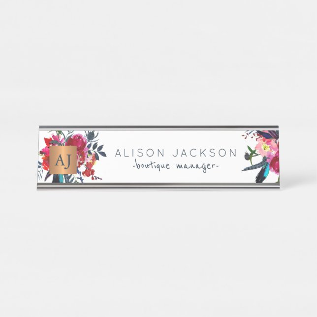 Porte-nom Pour Bureau Aquarelle marine rouge floral or cuivre monogrammé (Devant)