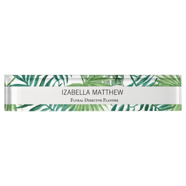 Porte-nom Pour Bureau Aquarelle moderne Tropical Palm Tree Green  (Devant)