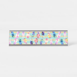 Porte-nom Pour Bureau Aquarelle Nebula Ananas Gold Stripes Design