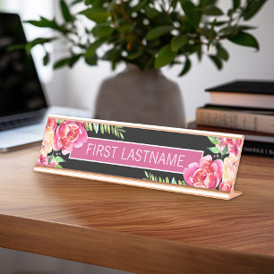 Porte-nom Pour Bureau Aquarelle peinte Fleurs Nom de calligraphie