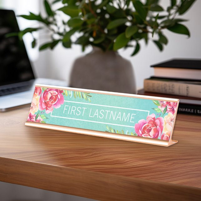 Porte-nom Pour Bureau Aquarelle peinte Fleurs Nom de calligraphie (Personalized Desk Sign with Name - Custom Executive Name Plate)