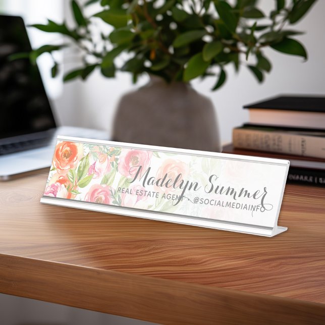 Porte-nom Pour Bureau Aquarelle peinte Fleurs Nom de calligraphie (Personalized Desk Sign with Name and Title - Custom Executive Name Plate)