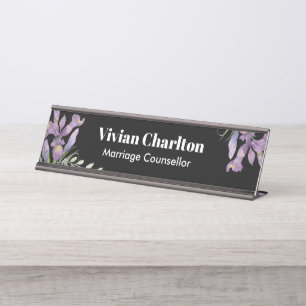 Porte-nom Pour Bureau Aquarelle Purple Irises Botanique Floral Peinture