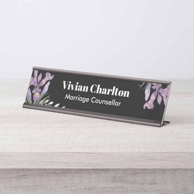 Porte-nom Pour Bureau Aquarelle Purple Irises Botanique Floral Peinture (Devant)