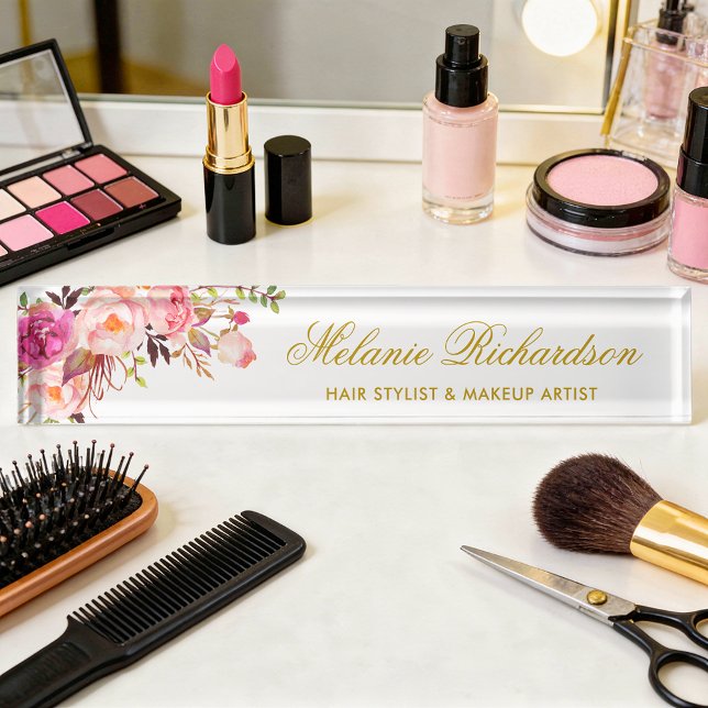 Porte-nom Pour Bureau Aquarelle rose Blush Or Floral (Customize to change text size, style or text color.)