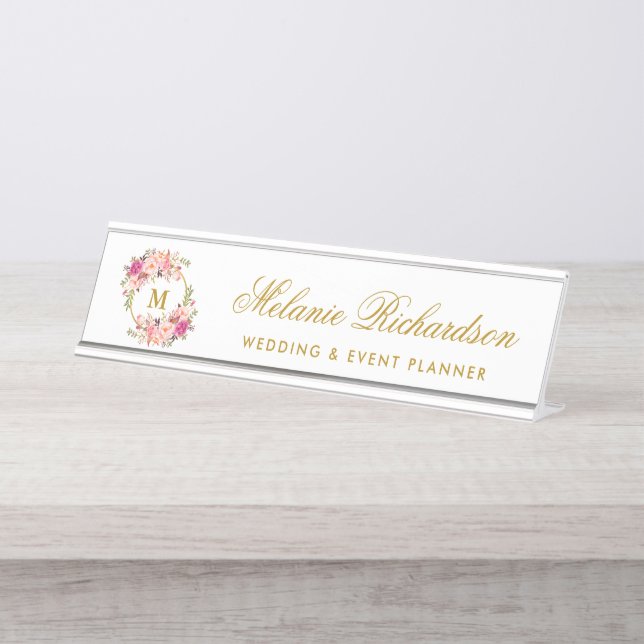 Porte-nom Pour Bureau Aquarelle rose Floral Wreath Or Monogramme (Devant)
