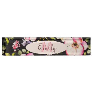 Porte-nom Pour Bureau Aquarelle rose Roses jaunes sur noir, Monogramme