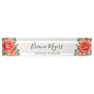 Porte-nom Pour Bureau Aquarelle tendance Floral moderne Orange Business