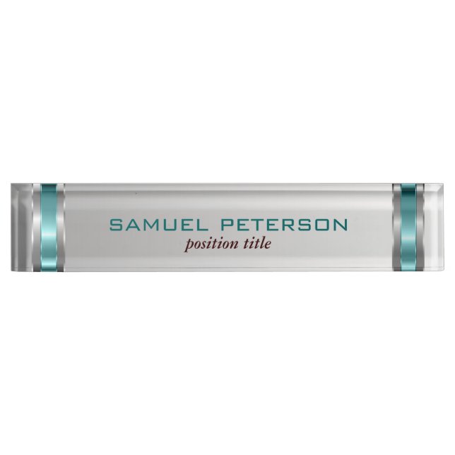 Porte-nom Pour Bureau Arrière - plan Argent Métallique Et Accents Bleus (Devant)