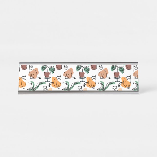 Porte-nom Pour Bureau Art de trait dessin chats et fleurs (Devant)