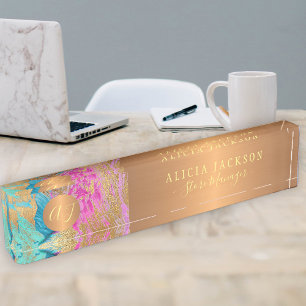 Porte-nom Pour Bureau Art moderne abstrait motif rose or monogrammed