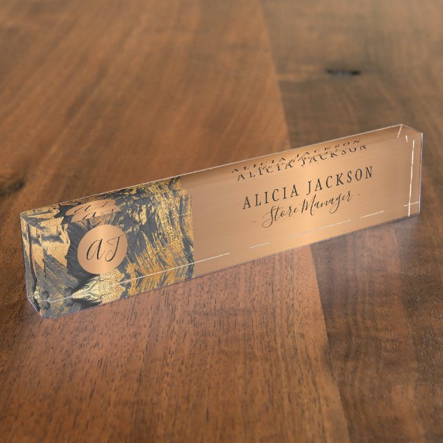 Porte-nom Pour Bureau Art moderne motif abstrait or noir monogrammed (Taille)