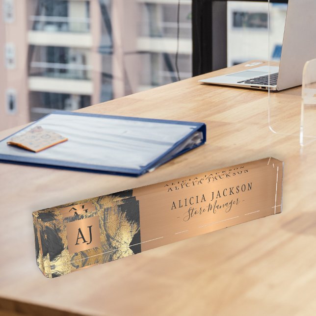 Porte-nom Pour Bureau Art moderne motif abstrait or noir monogrammed (Créateur téléchargé)