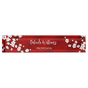 Porte-nom Pour Bureau Asie Floral blanc cerisier rouge