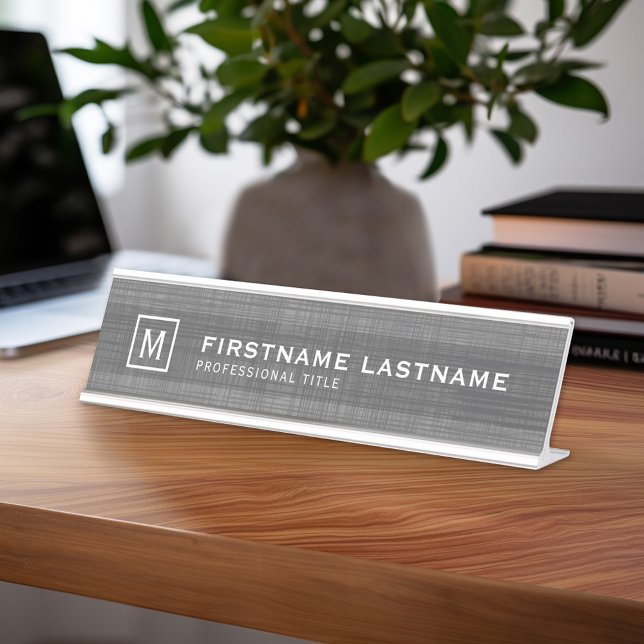 Porte-nom Pour Bureau Aspect Linéaire Viril avec Monogramme de Nom et Ti (Professional Name Plate with Linen Background)