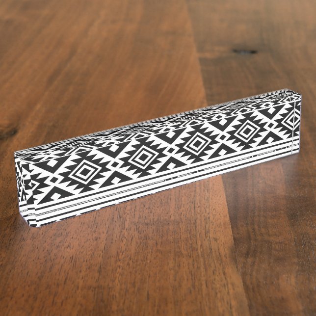 Porte-nom Pour Bureau Aztec Boho, Motif tribal géométrique noir blanc (Taille)