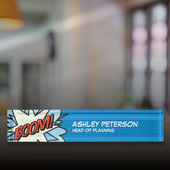 Porte-nom Pour Bureau Bande dessinée de bande dessinée cool tendance BOO (BOOM Fun Cool Trendy Comic Book Desk Name Plate)