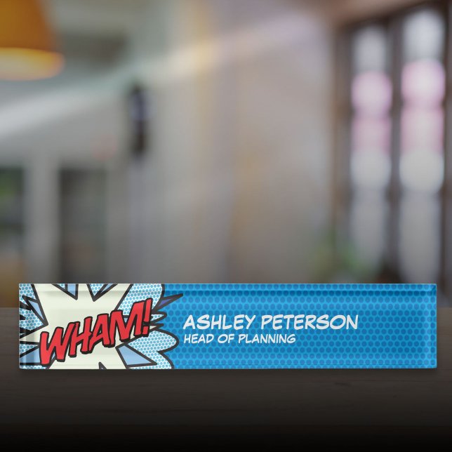 Porte-nom Pour Bureau Bande dessinée moderne d'art pop Flash WHAM (Modern Fun Comic Book Pop Art Flash WHAM Desk Name Plate)