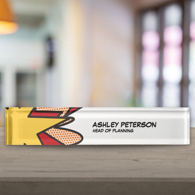 Porte-nom Pour Bureau Bande dessinée rétro amusante (Fun Retro Comic Book Desk Name Plate)
