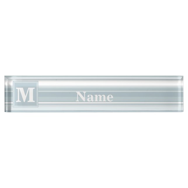 Porte-nom Pour Bureau Bandes bleu glace monogramme (Devant)