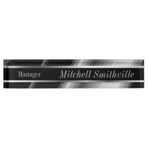 Porte-nom Pour Bureau Bandes diagonales métalliques noires et argentée