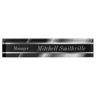 Porte-nom Pour Bureau Bandes diagonales métalliques noires et argentée