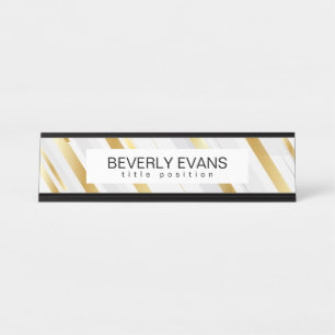 Porte-nom Pour Bureau Bandes dorées et blanches