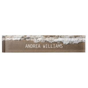 Porte-nom Pour Bureau Beach Ocean Waves Monogramme Nom Blanc Brown Sandy