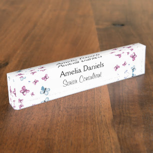 Porte-nom Pour Bureau Beau Monogramme de papillon rose et bleu