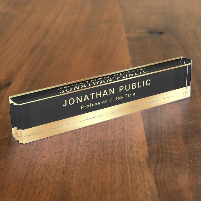 Porte-nom Pour Bureau Black Gold Nom Texte Élégant Modèle professionnel (Taille)
