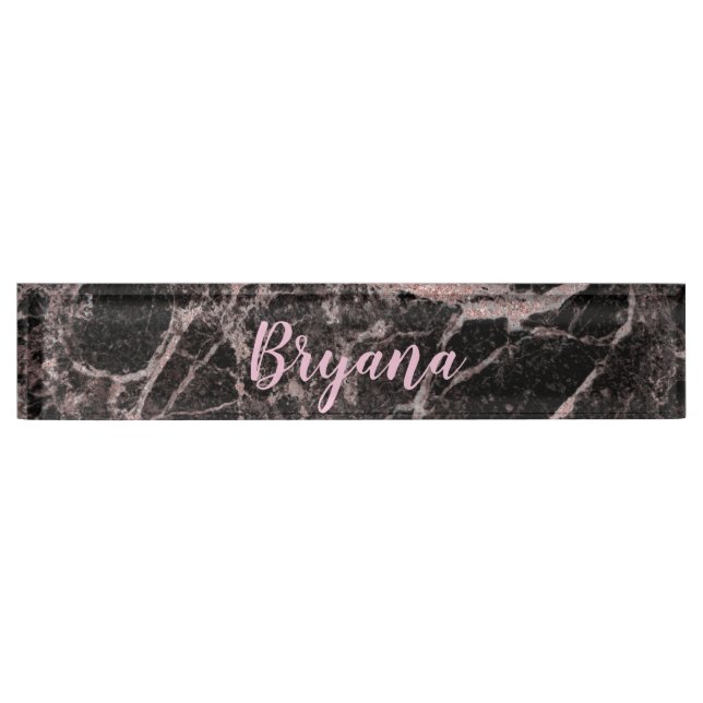 Porte-nom Pour Bureau Black & Rose Gold Pink Parties scintillant Marble  (Devant)