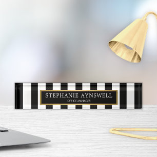 Porte-nom Pour Bureau Black White Stripes Gold Personnalisé