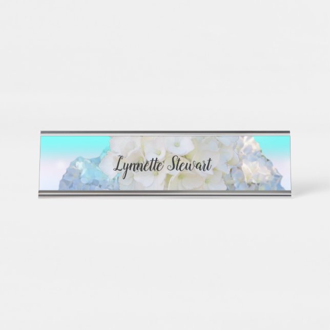 Porte-nom Pour Bureau Blanc et floral bleu  (Devant)