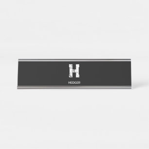 PORTE-NOM POUR BUREAU BLANC MINIMALISTE MONOGRAMME À UNE LETTRE NOM NOIR