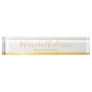 Porte-nom Pour Bureau Blanc professionnel et or avec nom de script moder