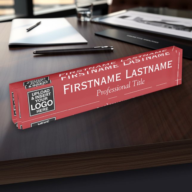 Porte-nom Pour Bureau Blanc rouge - Logo, Nom et Titre Professionnel (Personalized Name Plate - Custom Logo Executive Desk Plate with Name and Professional Title)
