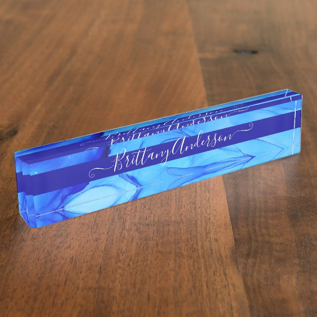 Porte-nom Pour Bureau Bleu Abstrait Ink Blot Belle Personnalisé (Taille)