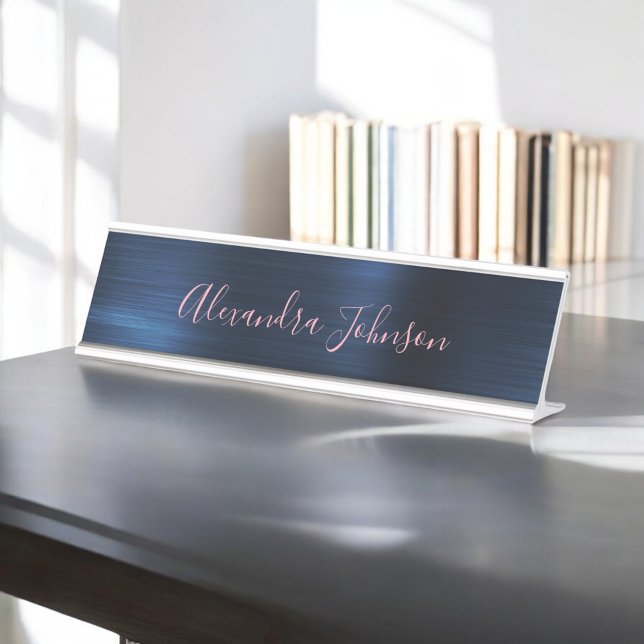 Porte-nom Pour Bureau Bleu de marine | Blush Pink Foil Moderne (Créateur téléchargé)