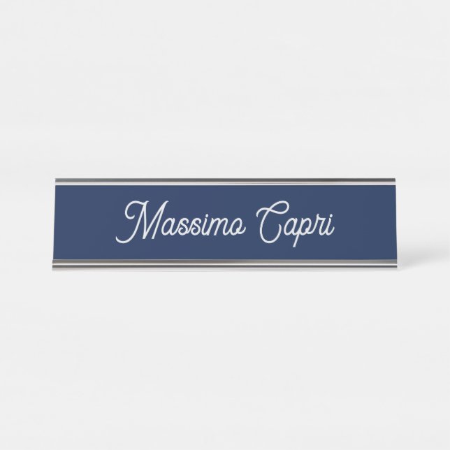 Porte-nom Pour Bureau Bleu foncé Élégant Casual Propre Nom Écriture manu (Devant)