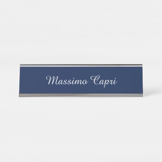Porte-nom Pour Bureau Bleu foncé Élégant Casual Propre Nom Écriture manu (Devant)