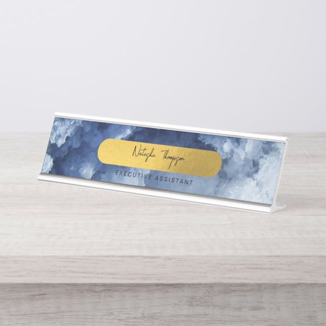Porte-nom Pour Bureau Bleu Gold Foil Crystals de mer Script de signature (Devant)