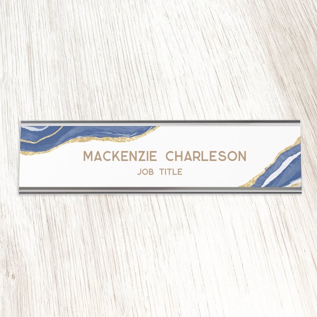 Porte-nom Pour Bureau Bleu Marbre Agate Gold Parties scintillant Profess (Blue and white gold effect agate marble watercolor professional name plate)