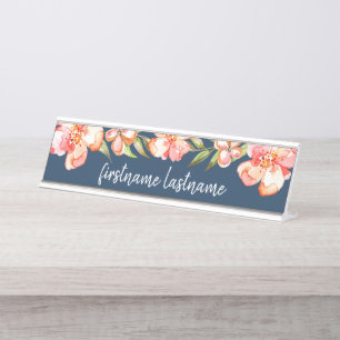Porte-nom Pour Bureau Bleu marine et nom peint de calligraphie de fleurs