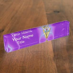 Porte-nom Pour Bureau Bleu turquoise pourpre de SYMBOLE VÉTÉRINAIRE D'OR