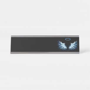 Porte-nom Pour Bureau Blue Glowing Angel Wings on black background