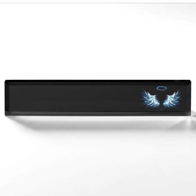 Porte-nom Pour Bureau Blue Glowing Angel Wings on black background (Devant)