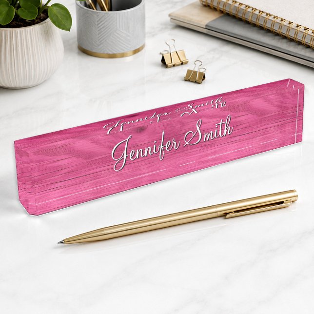 Porte-nom Pour Bureau Bois Rose Chaud Faux (Faux Hot Pink Wood Desk Name Plate)