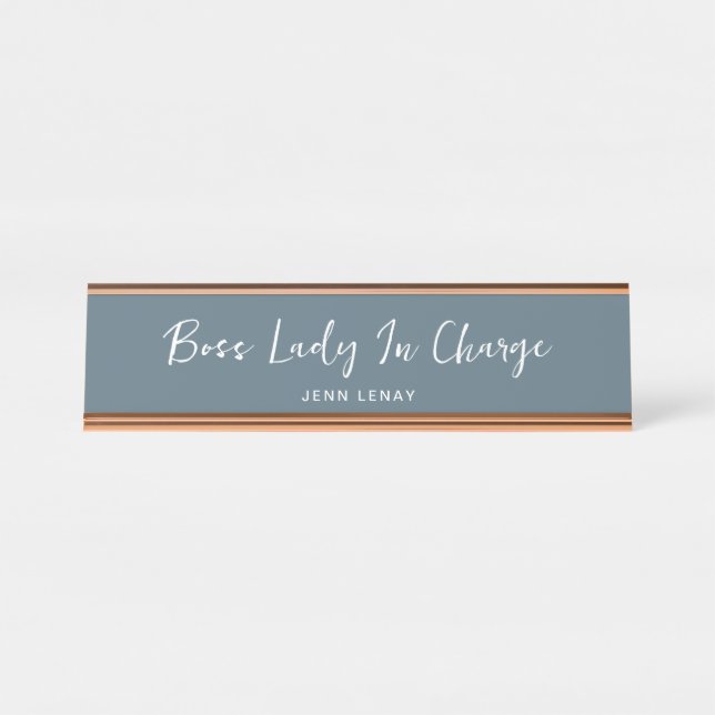 Porte-nom Pour Bureau Boss Lady Dusty Blue Gold Office personnalisé (Devant)