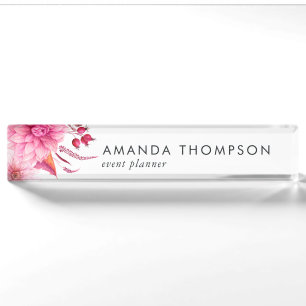 Porte-nom Pour Bureau Bourgogne et floral aquarelle rose