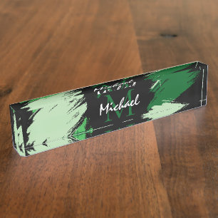 Porte-nom Pour Bureau Brosse nuances de nom vert avec monogramme